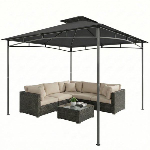 Outsunny Pavillon 3X3 M ImperméAble Stable RéSistant à L'hiver Pavillon De Jardin Avec Cadre SupéRieur RéTractable Double Toit Gris Foncé-image