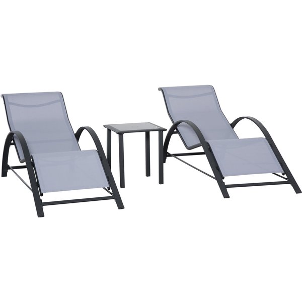 Outsunny Set 2 Gartenliegen und Glastisch, Sonnenliege mit atmungsaktivem Gewebe, 59x169x66 cm, Hellgrau Aosom
