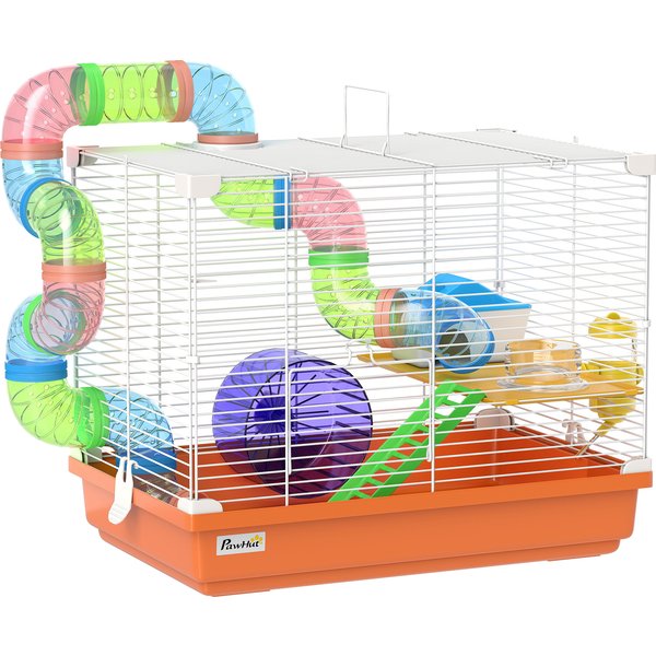 PawHut Hamster Cage with Tunnel Bowl Water Bottle Little House Ramp Exercise Wheel Removable Tray 46x30x37 cm Orange | Aosom Ireland