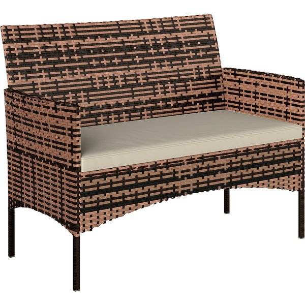 Outsunny 2-seater Rattan Garden Sofa PE-Rattan Outdoor Patio Sofa with Cushion, Anti-Slip Mats, Steel Frame, Khaki | Aosom Ireland