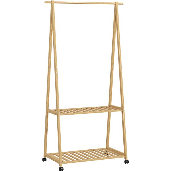 Homcom Portant à VêTement Portemanteau En Bambou Sur Roulettes Avec 2 éTagèRes Et 2 Crochets, Pour EntréE, Chambre-image