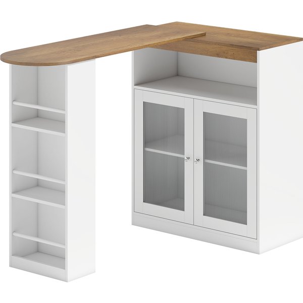 HOMCOM Ausziehbarer und 360° drehbarer Bartisch, hoher Küchentisch mit offenen Regalen und 2 Glastüren für Esszimmer, 150x80x105,5 cm, Weiß und Natur Aosom