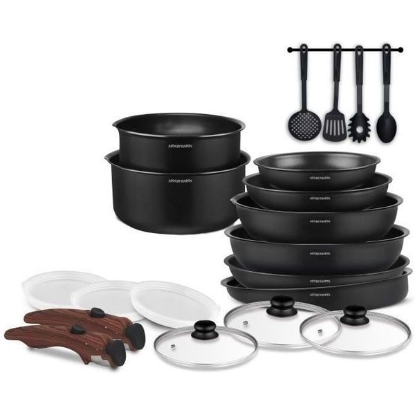 Batterie De Cuisine - Tous Feux Dont Induction - Arthur Martin - AM0530 - Aluminium - Anti-AdhéSif - 20 Pieces - PoignéE Amovible-image