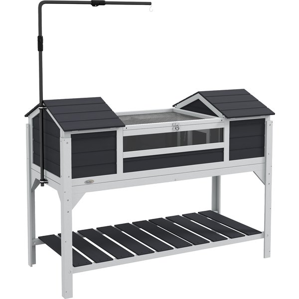 PawHut Wooden Tortoise Enclosure w/ Adjustable Lamp Holder, Openable Lid, Dual Main Houses, Storage Shelf, Fixed Tray - Grey | Aosom Ireland