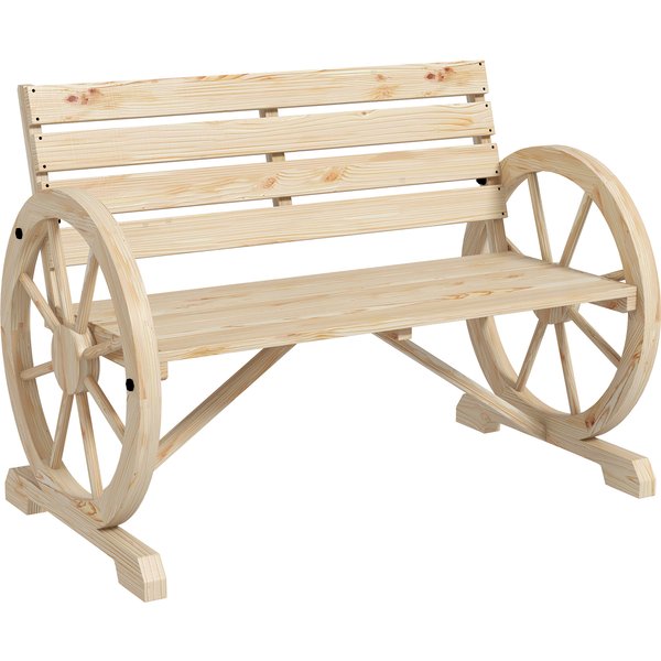 Outsunny Wagon Wheel Chair Bench Armrest Rustic Loveseat Wood Outdoor Garden, Natural | Aosom Ireland