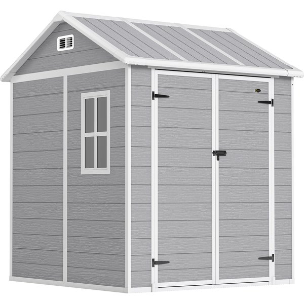 Outsunny 6 x 6ft Garden Shed with Floor, Window, Lockable Doors and Vents, Wood Effect Resin Tool Shed for Outdoor Patio, Grey | Aosom Ireland