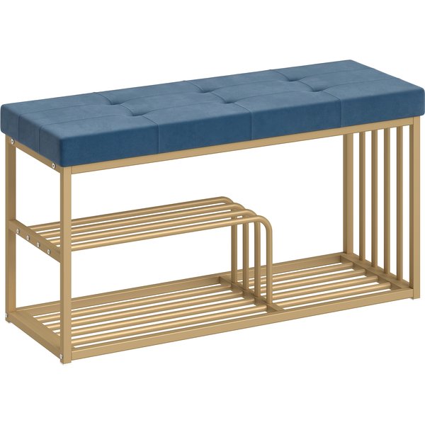 HOMCOM Bench and Shoe Storage, Tufted Shoe Storage Bench with Velvet Seat Cushion Gold Steel Frame for Entryway, Dark Blue | Aosom Ireland