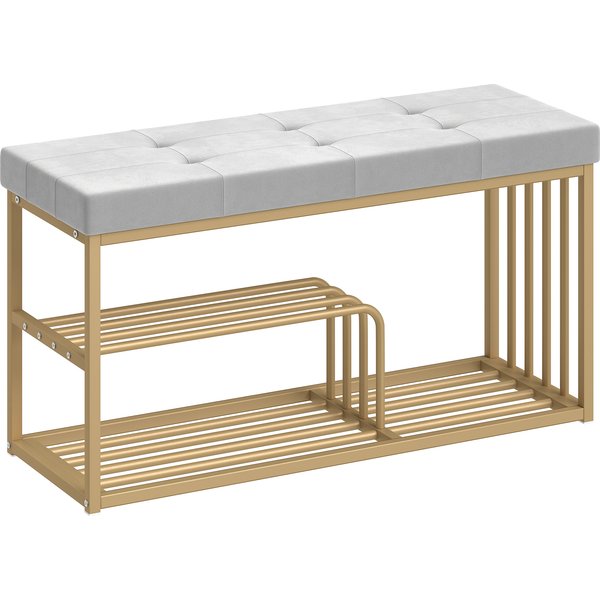 HOMCOM Bench and Shoe Storage, Tufted Shoe Storage Bench with Velvet Seat Cushion Gold Steel Frame for Entryway, Grey | Aosom Ireland