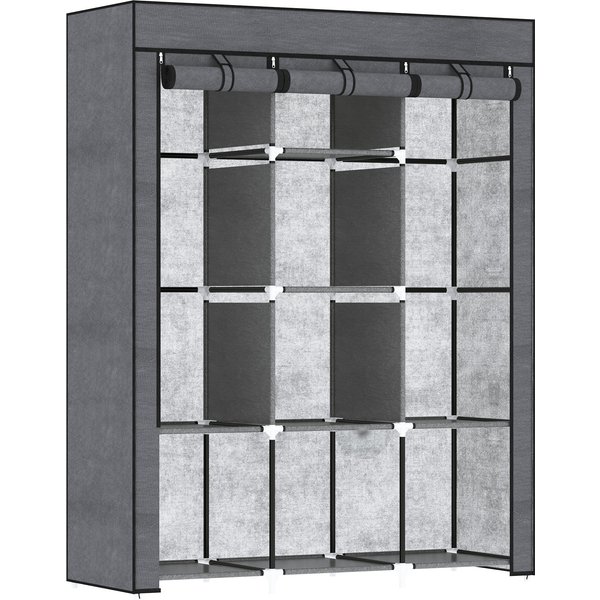 HOMCOM Stoffschrank, Kleiderschrank mit Kleiderstangen, 8 Ebenen, Faltschrank, Faltbare Garderobe für Schlafzimmer, Flur, Vliesstoff, Dunkelgrau, 125 x 43 x 162,5 cm Aosom