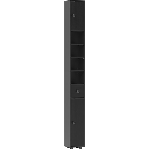 kleankin Hoher Badezimmerschrank, schmale Badsäule mit 1 Schublade, 4 offenen Regalböden und verstellbaren Einlegeböden, 2 Türen, moderner Stil, für kleine Räume, 20x20x180 cm, Schwarz Aosom