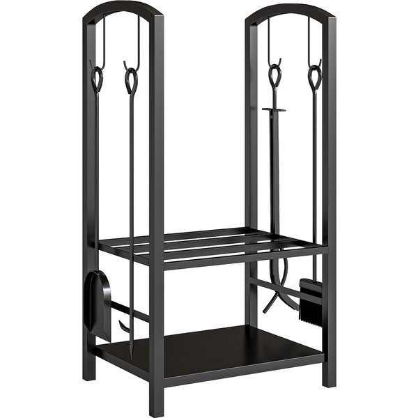 HOMCOM Firewood Log Rack Holder Wood Lumber Storage with Hooks 4 Tools-Black | Aosom Ireland