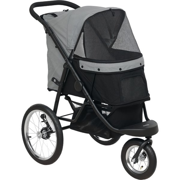 PawHut Hundewagen Jogger Hundebuggy klappbar für kleine Hunde & Katzen bis 10 kg Katzenbuggy mit 3 große Gummiräder, Kissen Netzfenstern Aufbewahrungskorb Katzenwagen mit Sicherheitsleinen, Grau Aosom