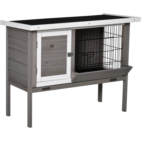 PawHut Wooden Rabbit Hutch with Asphalt Roof Feeder Removable Tray and 2 Doors 91 x 46 x 71 cm gray | Aosom Ireland