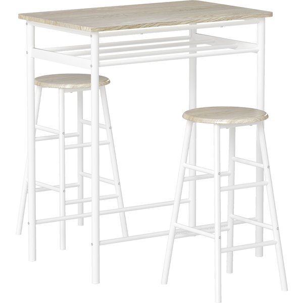 HOMCOM Bar Height Dining Furniture Set with 1 Table and 2 Matching Chairs with Metal Frame Footrest and Storage Shlef White and Oak|Aosom Ireland