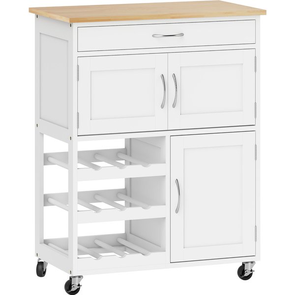 HOMCOM Rolling Kitchen Cart, Kitchen Island with Storage, Trolley with Wooden Countertop, 9-bottle Wine Rack, Drawer and Door Cabinets, White | Aosom Ireland