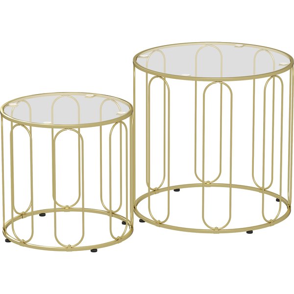 HOMCOM Round Coffee Table Set of 2, Glass Nest of Tables with Metal Frame and Tempered Glass Tabletop, Modern Side Tables for Living Room, Gold Tone