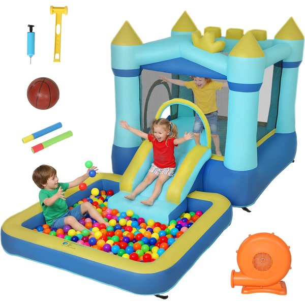 Aiyaplay ChâTeau Gonflable Pour Enfants Avec Souffleur Toboggan Trampoline Piscine Et Panier De Basket Pour Enfants 3-8 Ans Bleu-image