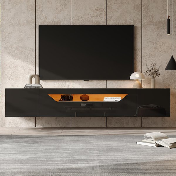 Floating TV Stand with App-Controlled LED Strip and Pull-Down Door, Wall-Mounted TV Unit with Storage Shelves, 180L x 37W x 36H cm, Black Aosom UK