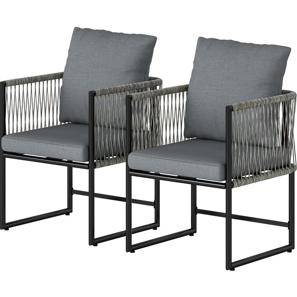 Outsunny Lot De 2 Fauteuils De Jardin RéSistants Aux IntempéRies En Acier Et Pe-Rattan Avec Coussins Accoudoirs Dossier 52X52X66 Cm Gris Foncé-image