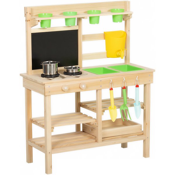 Aiyaplay Cuisine à Boue Enfants ExtéRieure, Cuisine En Bois Avec éVier Plaque De Cuisson Pots De Plantation Tableau Pour 3-6 Ans 77X32X95 Cm Bois Naturel-image