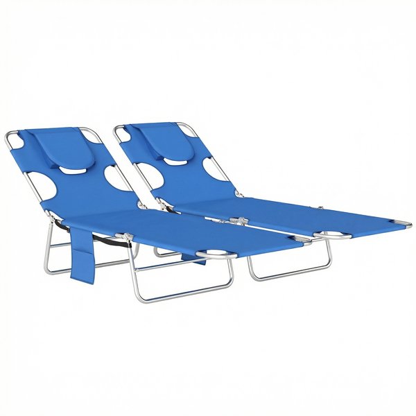 Outsunny 5-Position Adjustable Sun Loungers Set of 2 with Reading Hole and Side Pocket, Blue | Aosom Ireland