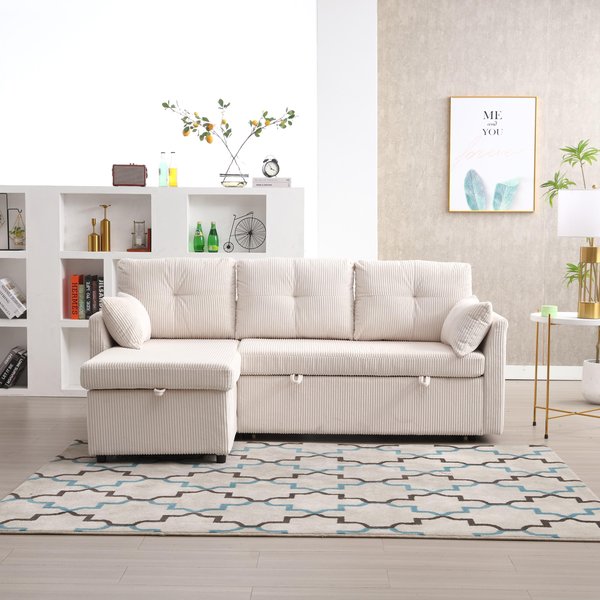 L-Shaped Convertible Sleeper Sofa with Pull Out Bed, 3-In-1 Convertible Sofa with High Storage Chaise, 206L x 130W x 88H cm, Beige Aosom UK