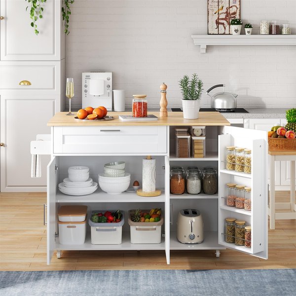 Mobile Kitchen Island with Foldable Oak-Look Worktop, Multi-purpose Trolley with Sliding Drawer, 132.5L x 44W x 90H cm, White+Natural Aosom UK