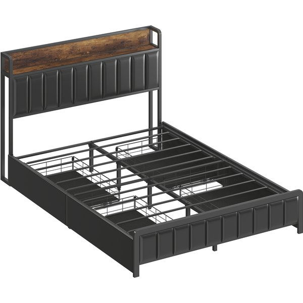 HOMCOM Bettrahmen 140 x 190 cm mit Metall-Lattenrost, gepolstertes Doppelbett mit Synthetik-Kopfteil, Fußteil, 4 Schubladen und Ablage, geräuscharm, Industrie-Stil, schwarz Aosom