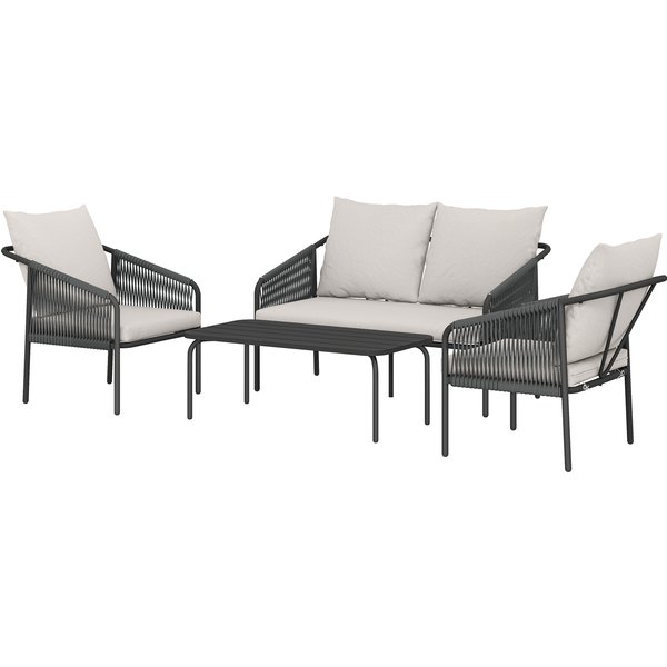 Outsunny Ensemble De Jardin 4 PièCes Polyrattan Salon Avec Canapé 2 Places 2 Fauteuils Table Basse Coussins Amovibles Sangles-image