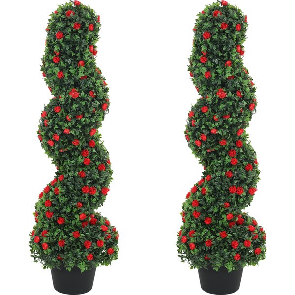 HOMCOM Artificial Rose Spiral Topiary Tree Set of 2, Indoor Outdoor Fake Plants with 630 Leaves, 90cm | Aosom Ireland