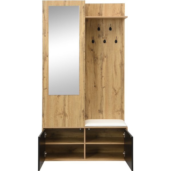 Ensemble D'entréE Avec 5 PatèRes, Miroir, Meuble à Chaussures Et Banc D'entréE, 100X38X191 Cm, Noir+Couleur Naturelle-image