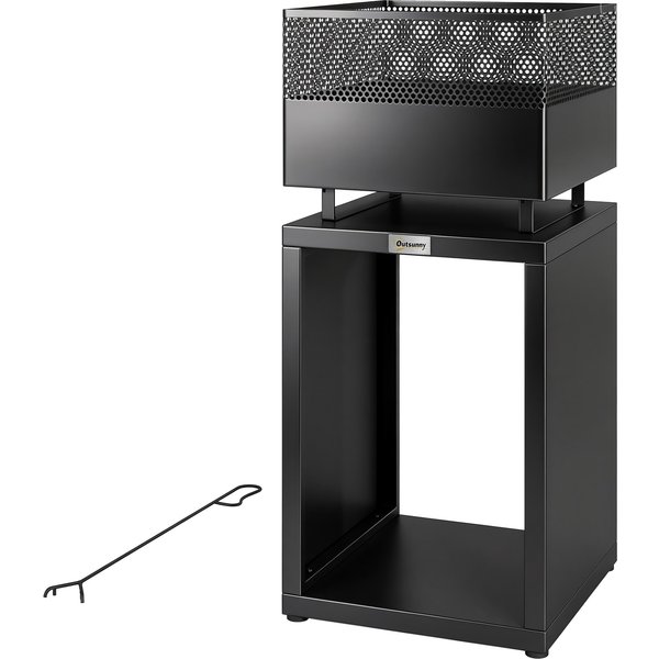 Outsunny Brasero 39 X 39 X 87 Cm Foyer Avec Rangement Pour Bois, Grille à Charbon, Pieds RéGlables, Noir-image