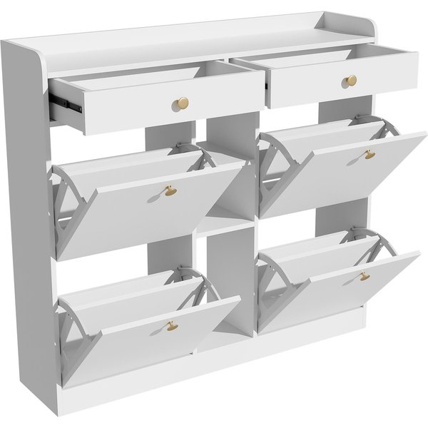 Meuble à Chaussures Avec 4 Portes Rabattables, 2 Tiroirs Et 3 Compartiments Ouverts, 110X26X100 Cm, Blanc-image