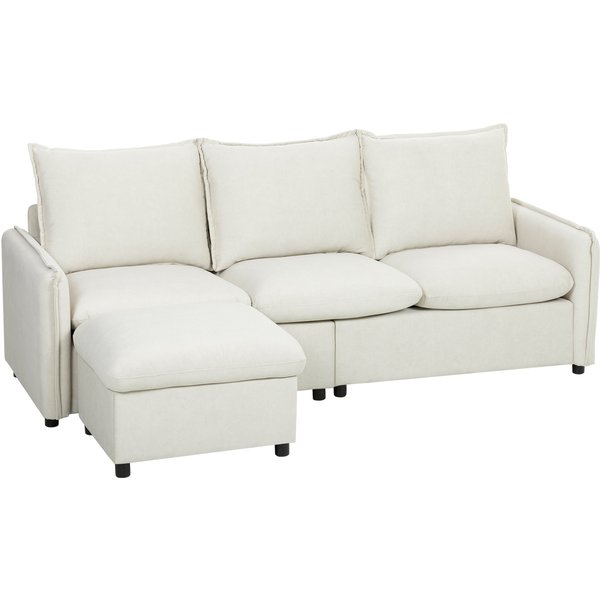 Homcom Canapé D'angle 3 Places Modulaire En Tissu Effet Cuir Respirant Avec Rangement Repose-Pieds, Coussins, CrèMe-image