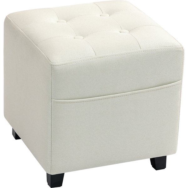 HOMCOM Fußhocker für Wohnzimmer, Ottoman, gepolsterter Sitz mit Steppung in Leinenoptik mit Seitentasche, Pouf, Holzgestell, für Schlafzimmer, Flur, 35 x 35 x 35 cm, Creme Aosom