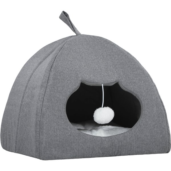 PawHut Cat Cave Bed for Indoor Kittens, Cat House with Removable Cushion and Teaser Ball, Kitty Igloo with Anti-Slip Base, 42 x 42 x 39 cm, Grey | Aosom Ireland