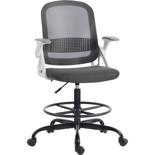 Homcom Chaise De Bureau En Maille Chaise De Dessin Avec Accoudoirs Rabattables Hauteur RéGlable Repose-Pieds Gris-image