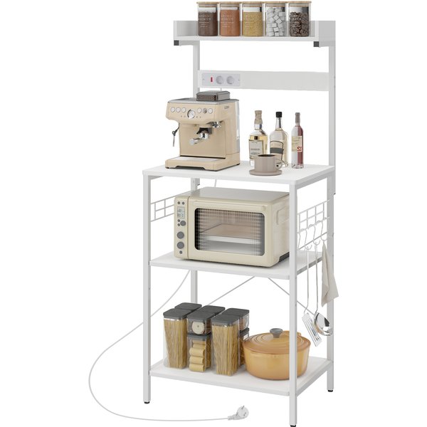 Homcom ÉTagèRe De Cuisine Avec 2 Prises ÉTagèRe Pour Micro-Ondes ÉTagèRe RéGlable Crochets 60X42X137 Cm Blanc-image