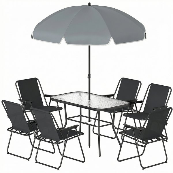 Outsunny Set De Jardin 8 Pz Avec Parasol, 6 Chaises Pliantes Et Table D'extéRieur En Verre Trempé, Noir-image