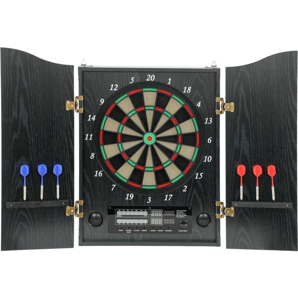 Sportnow Cible éLectronique E Dartboard Avec Portes Effet Bois Affichage Led Annonces Vocales 6 FléChettes, 24 Pointes De Rechange-image