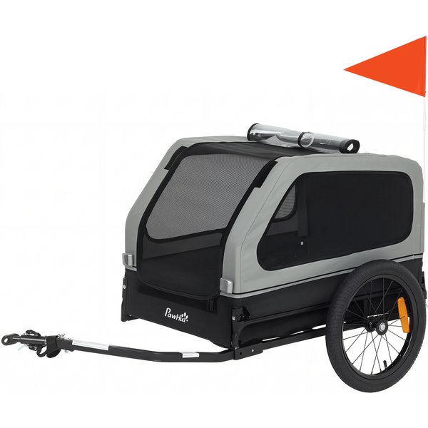 Pawhut Remorque VéLo Pliable Pour Chiens De Taille Moyenne Jusqu'à 20Kg Avec Rampe Rabattable RéFlecteurs Laisse Drapeau Gris-image