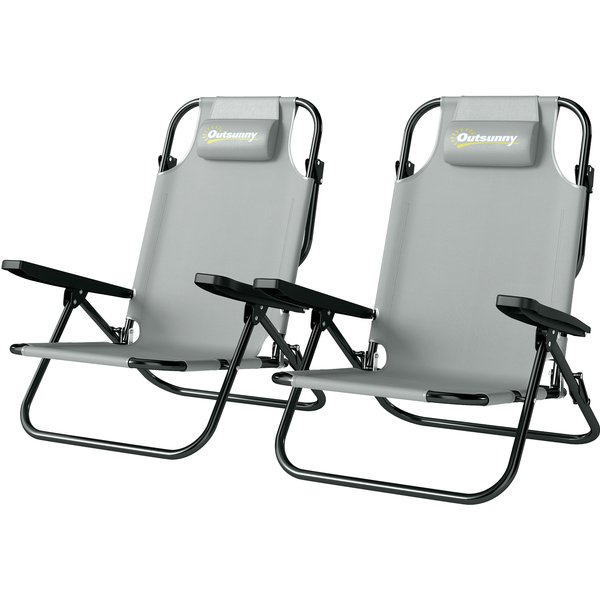 Outsunny Lot De 2 Chaises De Camping Portables, Pliantes Pour La Plage, Dossier RéGlable, Gris Clair.-image