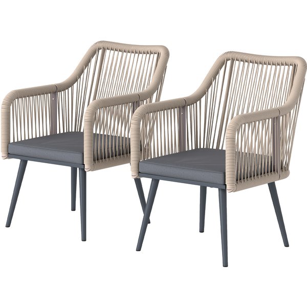 Outsunny Set 2 Chaises De Jardin Avec Coussins Et Accoudoirs, En Acier Et Rotin Pe, 54X65X80 Cm, Gris Foncé-image