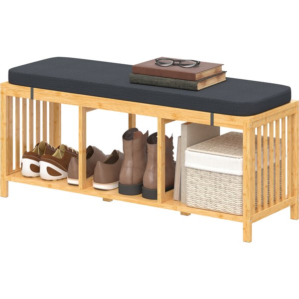 Homcom Banc à Chaussures En Bambou, Banc D'entréE Avec Coussin Rembourré Et éTagèRe Ouverte, Aspect Bois Naturel-image