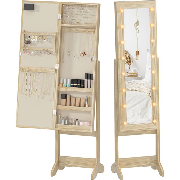Homcom Miroir-Aramoire à Bijoux Avec éClairage Led Armoire Pour Bijoux Armoire à Bijoux Sur Pied Avec Miroir Pleine Longueur Angle RéGlable Bois Naturel-image