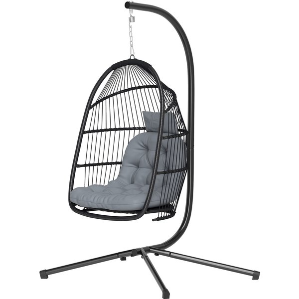 Outsunny Chaise Suspendue œUf Avec Support Panier Pliant Coussin Et Appui-TêTe Pour IntéRieur Et ExtéRieur Charge 150 Kg Gris-image
