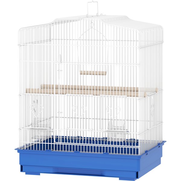 Pawhut Cage Pour Oiseaux VolièRe En Acier Avec 2 Mangeoires 2 Perchoirs BalançOire Et Plateau Amovible PoignéE 46,5X36X59 Cm Bleu-image