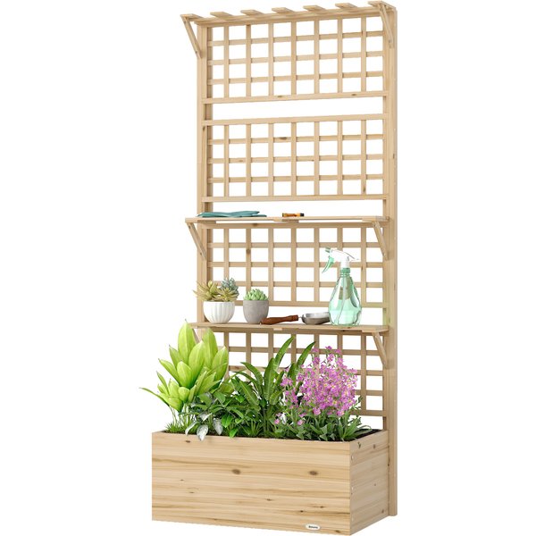 Outsunny JardinièRe Avec Treillis Et Toit En Bois Pour Plantes Grimpantes Avec 2 éTagèRes, Drainage Et Doublure 76X43,5X177 Cm Naturel-image