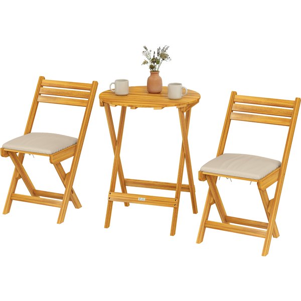 Outsunny Ensemble Mobilier Balcon 3 PièCes Bois Fsc Pliable Set De Jardin Avec Table Ronde 2 Chaises Coussins Respirants Assise LamelléE-image