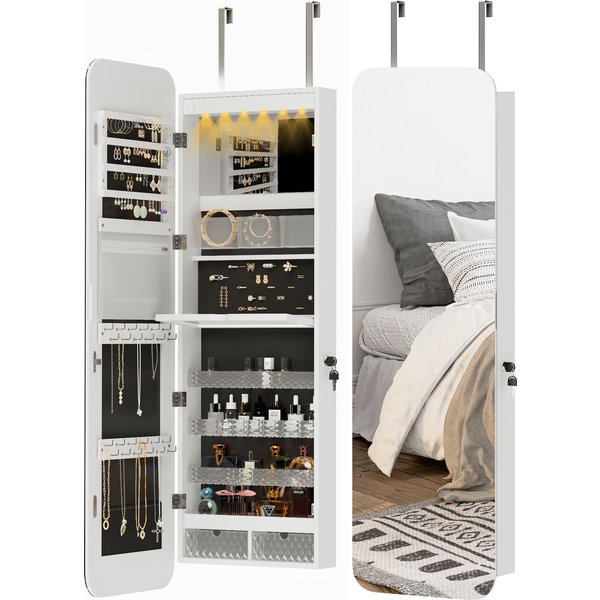 Homcom Miroir-Armoire à Bijoux Mural Et Pour Porte Avec Miroir IntéRieur ÉClairé Et Serrure, 37X10X120 Cm-image